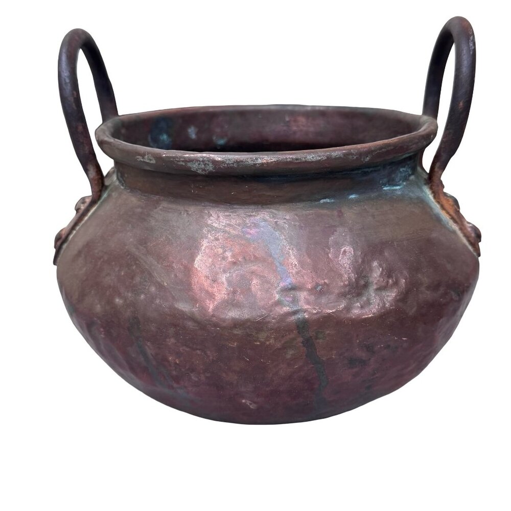 Antique Rustic Hammered Copper Cauldron Dual Handles & Patina Finish 8" Vintage